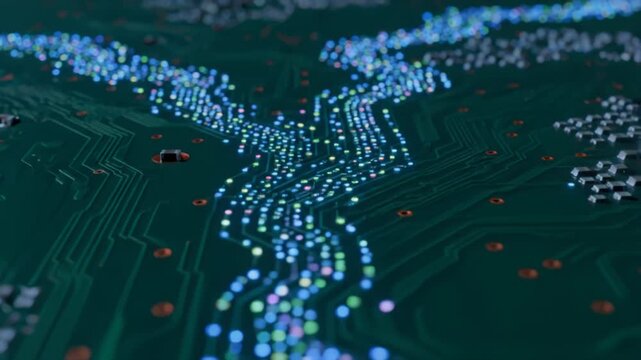 Micro-LED river across circuit board in futuristic macro flow