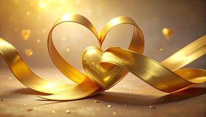 Golden heart tied with ribbon, sparkling background