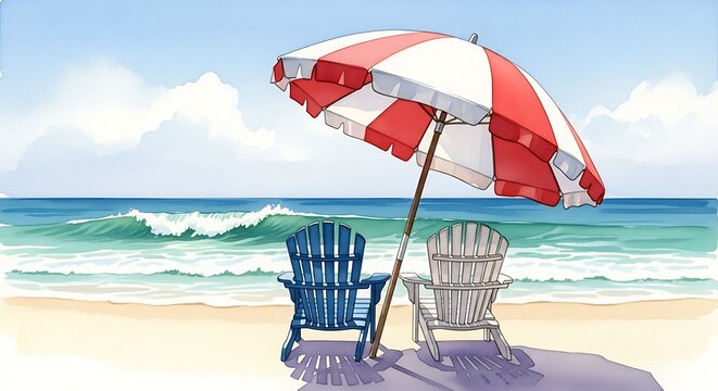 Relaxing beach scene with striped umbrella and Adirondack chairs under a sunny sky. - Powered by Adobe