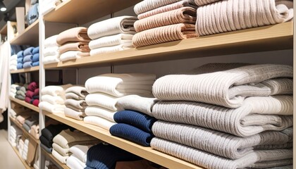 Neatly stacked sweaters in various colors on wooden shelves in a retail environment. Soft lighting illuminates the display