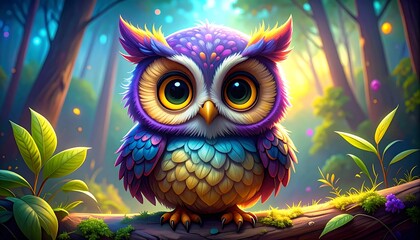 Cute owl in vibrant forest