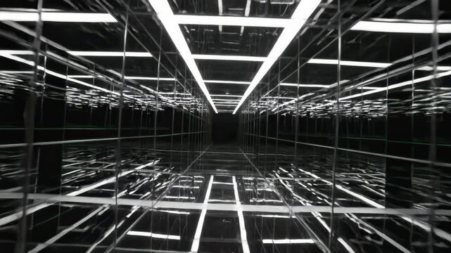 Monochrome corridor of mirrors with lagging reflections and LED lights
