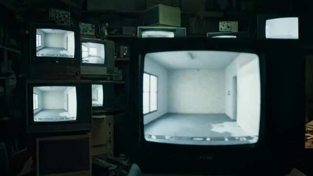 Old TV repair shop with CRT stacks showing empty rooms