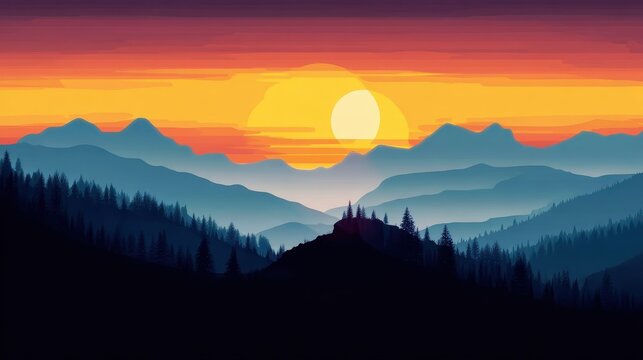 Gentle dawn over geometric forest hills, great for digital art and serene imagery