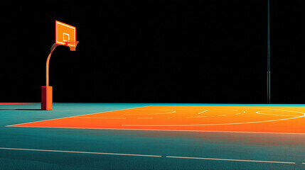 Dark skies over a basketball court with a hoop, perfect for sports related designs, backgrounds, sports articles, and social media posts.