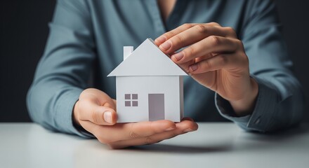 Hands Carefully Holding a Small Paper House Model, Home Ownership, Real Estate Concept