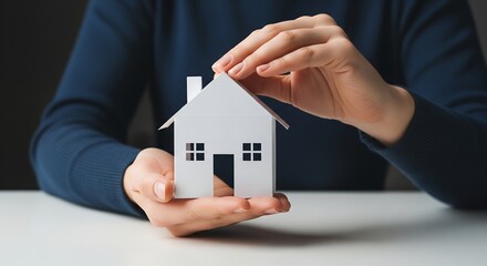 Hands Gently Holding a Small White House Model, Home Ownership, Real Estate Concept