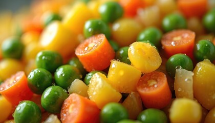 Macro view of vibrant mixed vegetables featuring corn, carrots, and peas. Water droplets cling to the colorful, fresh produce, highlighting its natural texture and organic quality.
