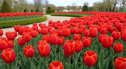 Obraz premium Vibrant Red Tulips Blooming in a Formal Garden.