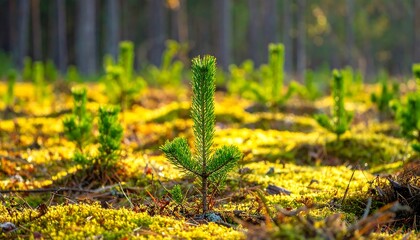 Young pine saplings in a forest