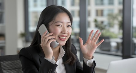 Happy businesswoman on phone call, waving hand