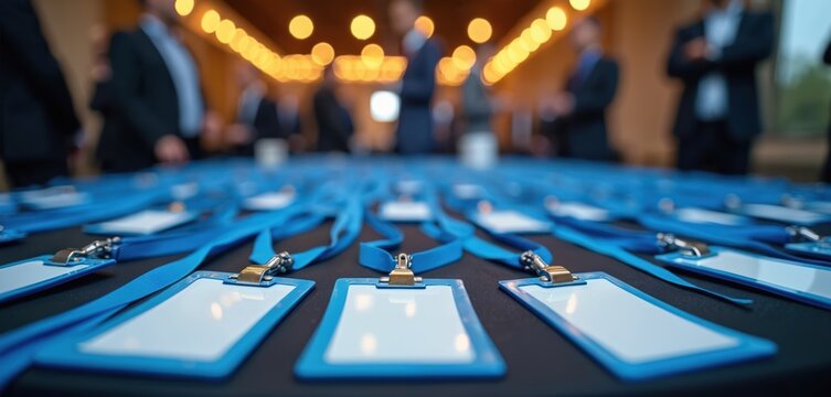 Rows of blank blue lanyards with name tags neatly arranged on table, indicating event preparation underway. Indoor scene suggests pro business meeting conference setup, ready for attendees to receive - Powered by Adobe
