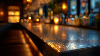 Wet bar surface with reflecting lights, moody atmosphere. Suitable for cocktail menu designs, bar promotional materials, nightlife websites, and more.