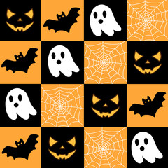 Halloween seamless pattern with jack-o'-lantern silhouettes, spider webs, bats, and ghosts