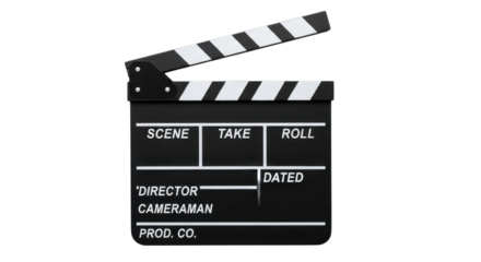 Movie clapperboard with scene, take, roll, director, cameraman and dated markings isolated PNG with Transparent Background