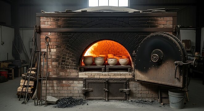The rustic charm of a pottery studio, showcasing a large brick kiln with glowing pottery inside