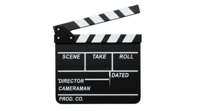 Movie clapperboard with scene, take, roll, director, cameraman and dated markings isolated PNG with Transparent Background