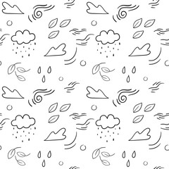 Autumn, fall, rainy day, weather, wind, abstract seamless pattern in doodle style, line art, hand drawing.