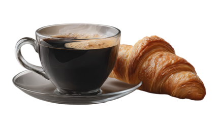 cup of coffee and croissant isolated on transparent white background