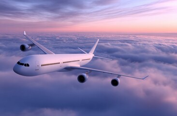 Obraz premium White passenger airplane soaring above a thick layer of clouds, capturing the vibrant colors of a stunning sunset in the sky