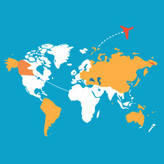 Red airplane flies across a stylized world map showing continents and flight path