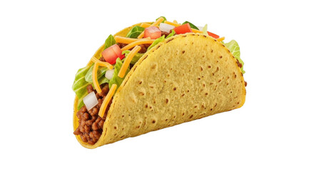Delicious taco filled with ground beef, lettuce, cheese, onion, and tomato isolated PNG with Transparent Background