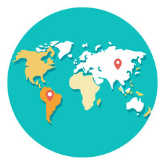 Stylized world map with location pins on continents