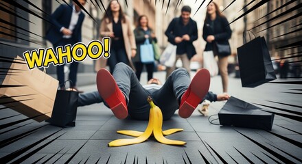 Person Slipping on Banana Peel While Shopping in Busy City Street with Laughter