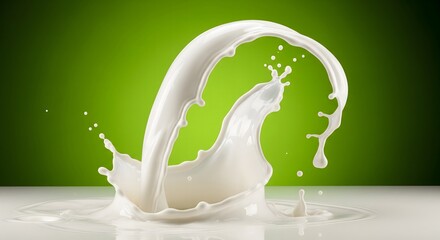 A dynamic splash of white milk creates a majestic arc against a vibrant green background