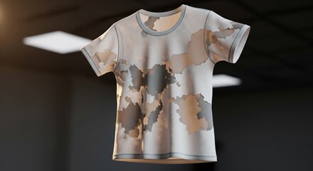 Realistic Hanging T-Shirt Display with Abstract Pattern in Modern Studio