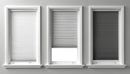 Three window frames with different blinds installed. Features white, grey, dark grey pleated blinds offering privacy, light control. Includes white plastic frames, sills. Realistic 3D illustration