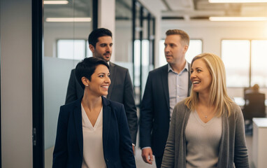 A group of professionals walk casually together in a modern corridor.