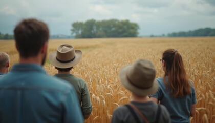 Group observes golden wheat field during agricultural tour. People learn about farming, growth, and sustainability. Focus on rural landscape, harvest, and community education.