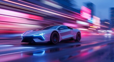 Futuristic sports car driving fast through a neon city at night