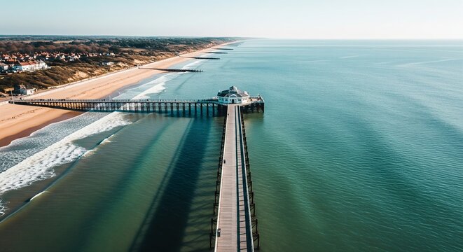 Drone shot of Cromer Pier in Norfolk, UK, extending into the North Sea with wide beach, waves, and clear horizon
