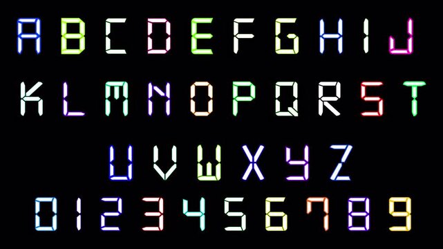 Digital Alphabet letter sign animation on black background, digital font alphabet letter and numbers animated with alpha channel.