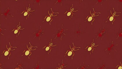 A repeating pattern of stylized ants on a deep maroon background