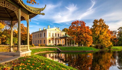 Autumnal park scene with pavilion and manor house