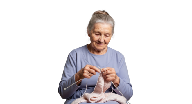 Senior woman knitting and smiling isolated PNG with Transparent Background - Powered by Adobe