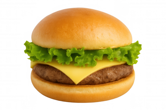 Juicy beef patty topped with melted cheese, crisp lettuce nestled between soft bun halves, isolated on clean white background