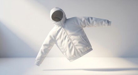 White Floating Jacket in a Minimalist Studio Setting with Soft Lighting
