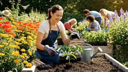 A diverse group of people working together in a sunny community garden