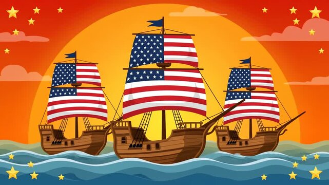 three american flag ships sailing patriotic ocean sunset