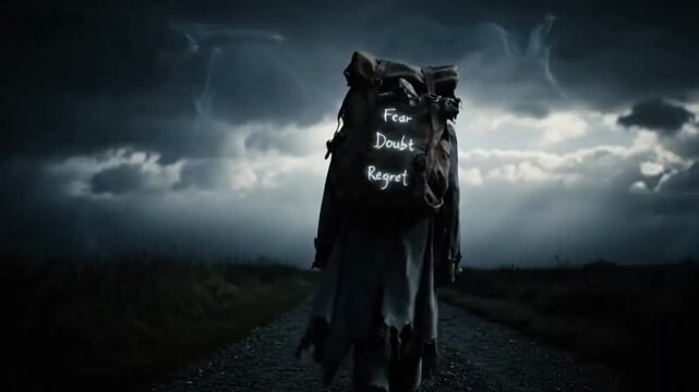 A person carries a backpack of fear, doubt, and regret on a lonely road