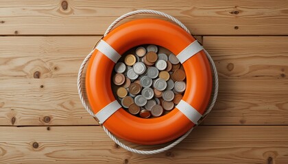 Bright orange life preserver filled with coins resting on a rustic wooden surface concept picture.
