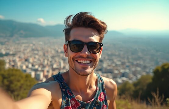 Young man smiles taking selfie with sunglasses on hilltop overlooking cityscape. Casual vacation style captures urban exploration, sunny day joy. Travel adventure promotes happy lifestyle, good vibes.