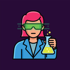 Illustration of a scientist wearing augmented reality glasses, holding a flask with yellow liquid.