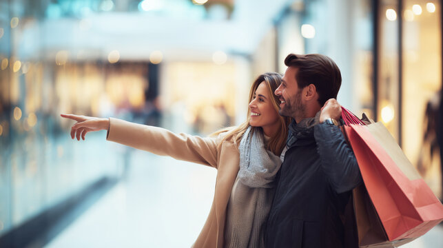 Happy young couple holding shopping bags and pointing at a store, candid natural light, soft focus.