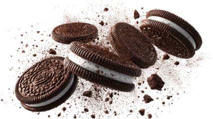 lying Oreo cookies with crumbs isolated on transparent white background,