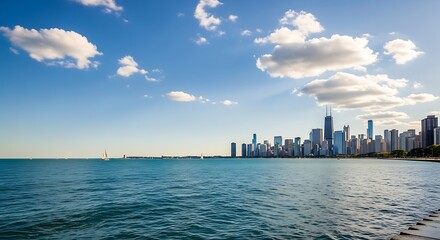 Chicago Skyline and Lake Michigan on a Sunny Day.